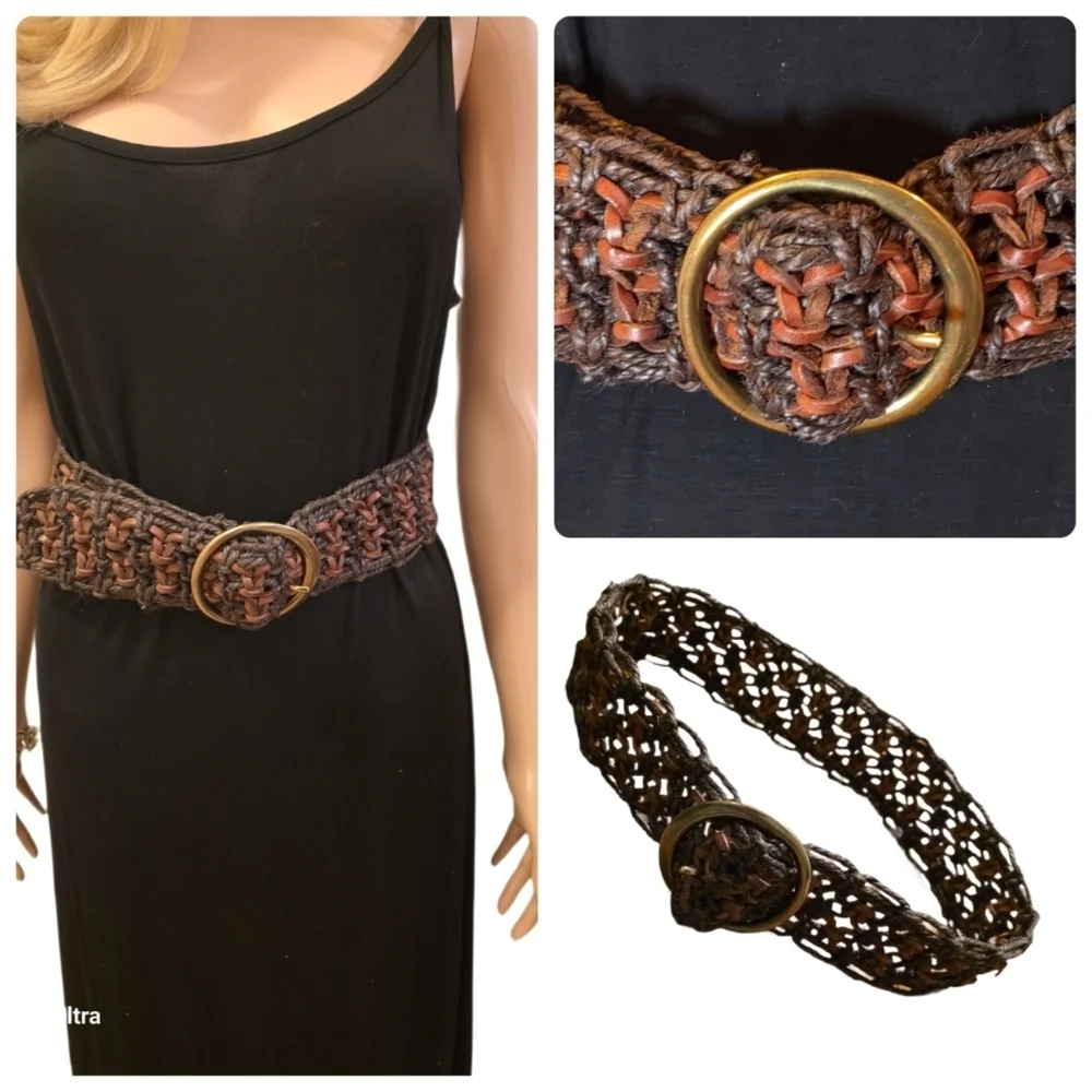 Vintage Woven Brown Macrame and Leather Wide Belt Gold Buckle Fits Up to 32